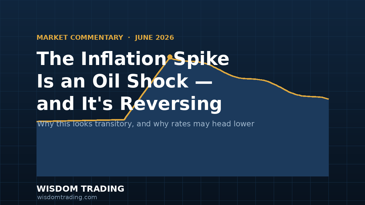 Chart of a crude oil price spike from the 2026 Iran war fading back down — Comercio de Sabiduria market commentary on transitory inflation